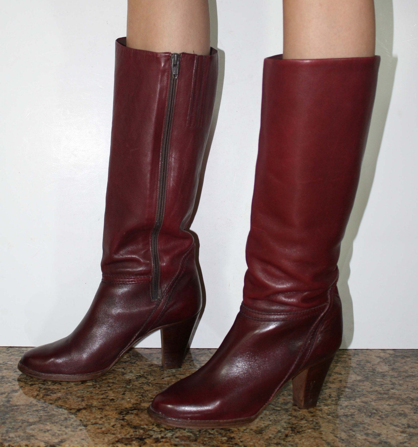 knee high boots 6 M B zipper leather pirate burgundy high heel
