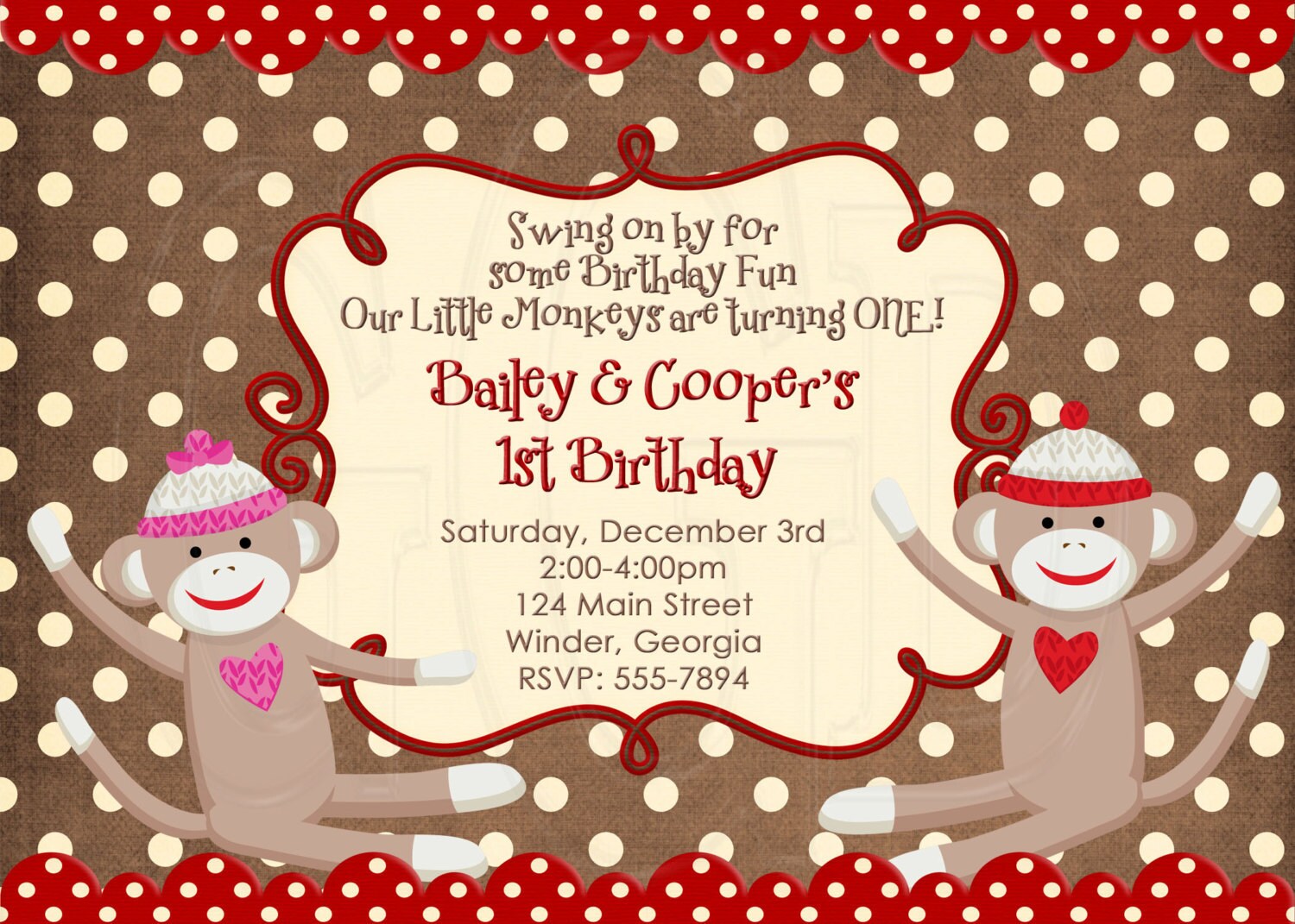 Twin BOY GIRL Sock Monkey InvitationDigital File