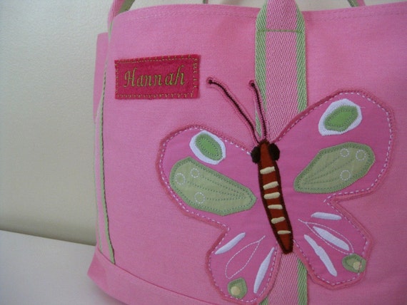 Upcycled Pottery Barn Beach Tote With Monogram -- Pink Butterfly