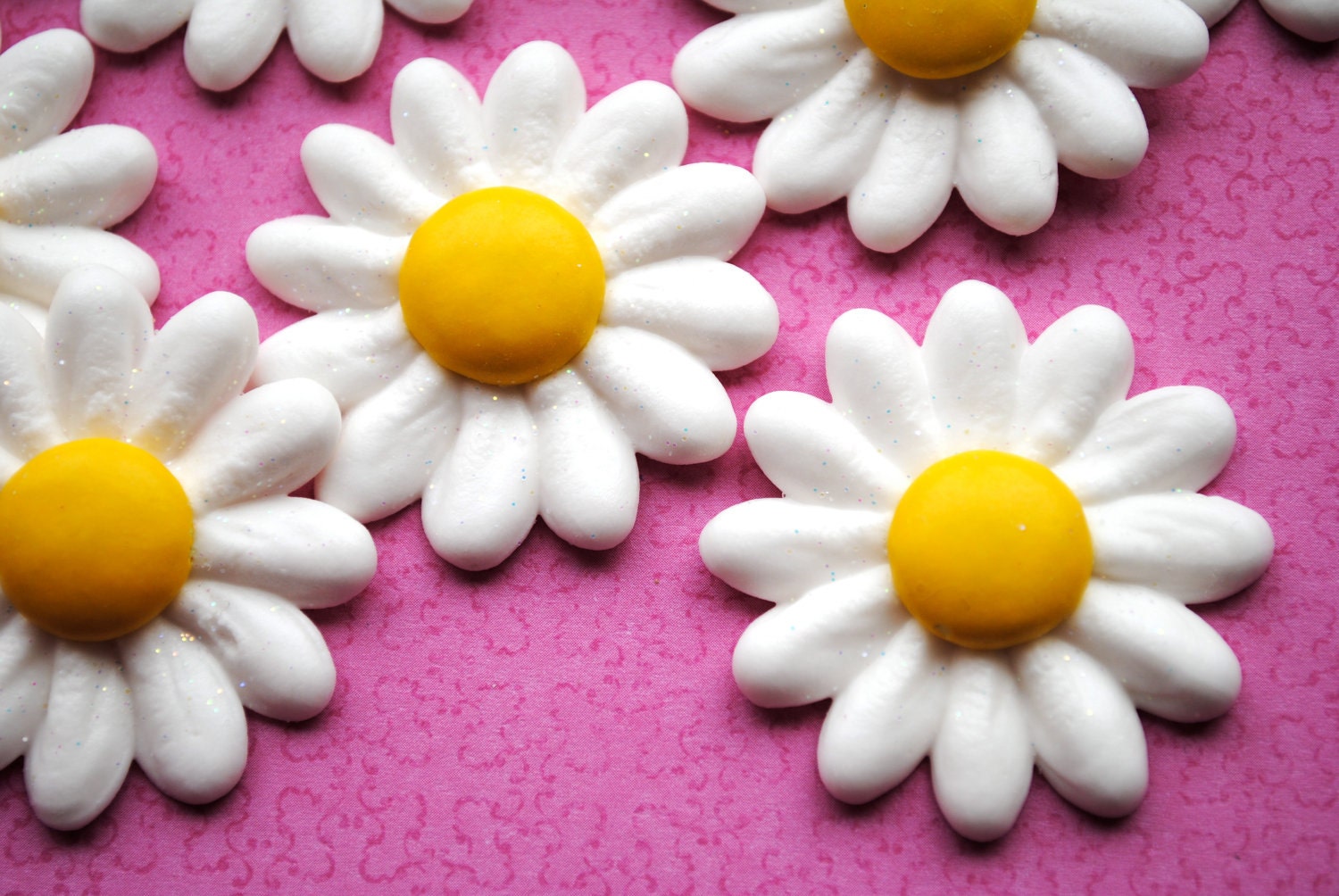 Royal Icing Daisies with Chocolate Candy Centers and Sparkles