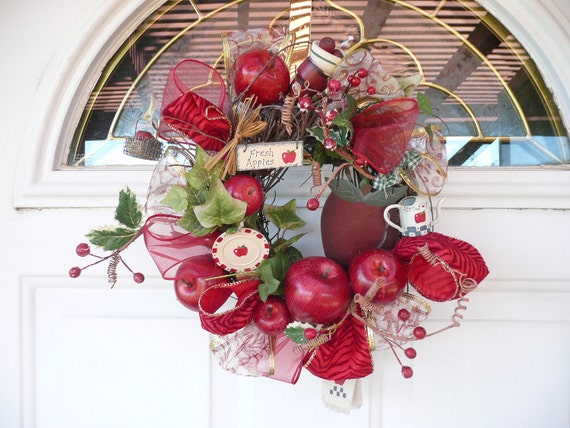 OOAK Country Red Apple  Wreath Home Decor  13 x 13 x 6