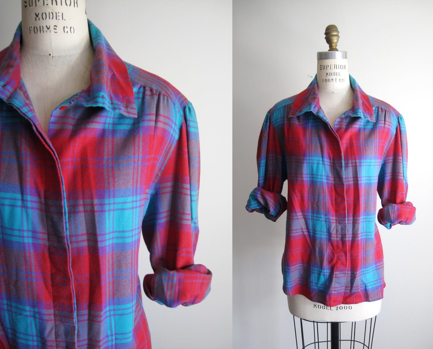 Vintage 80s Neon Pink Teal Plaid Flannel Shirt L