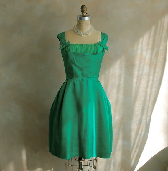 Vintage 1950s Party Dress Emerald Green Silk Satin 