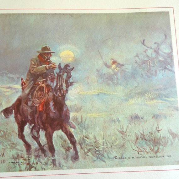 charles russell print cowboy and santa claus 1950s vintage