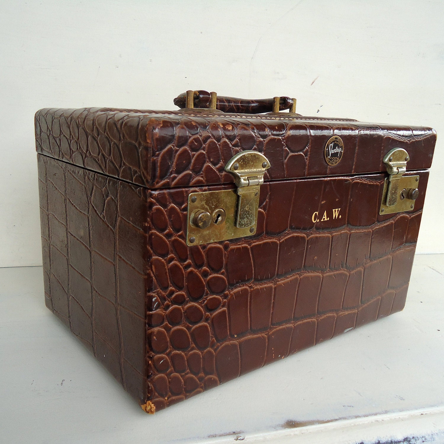 vintage leather train case travel case moc croc alligator by