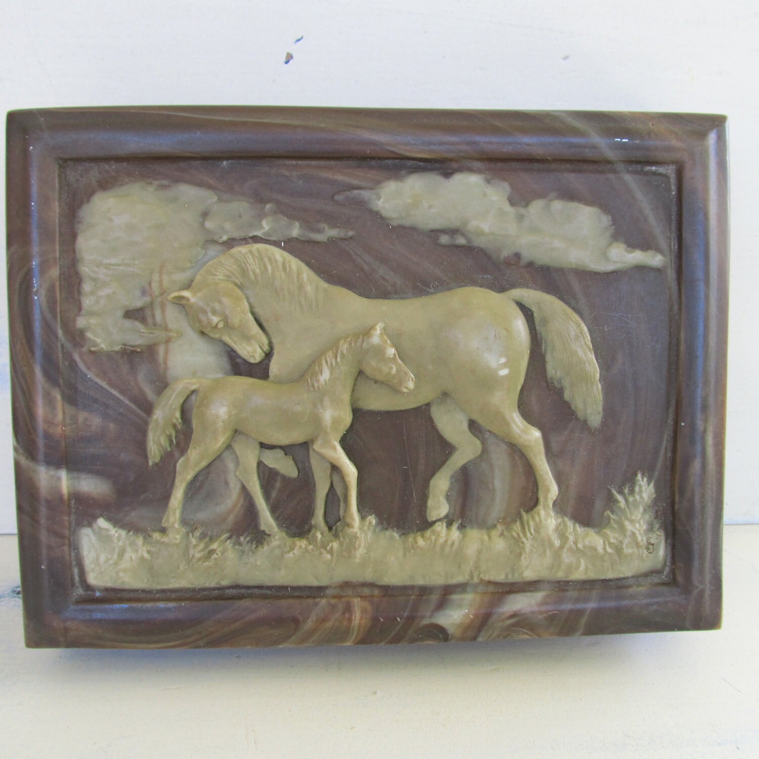 vintage horse equestrian jewelry box wood and faux marble
