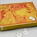 Vintage Toy Money Educational box with fabulous lithograph of children playing dress up - great red or yellow retro kitchen display