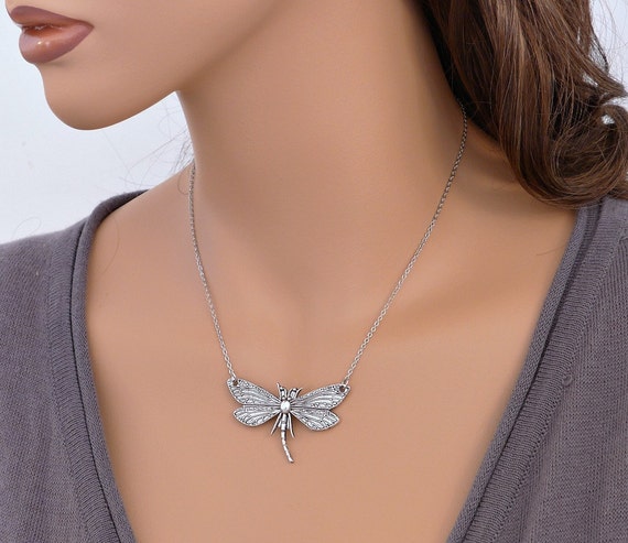 Dragonfly Necklace holidays gift Antique silver charm