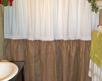 Shabby Floral Trim - Burlap Shower Curtain - Burlap & Cotton Gathered Shower Curtain