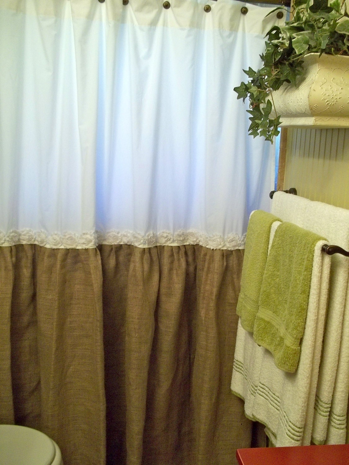 Shabby Floral Trim Burlap Shower Curtain Burlap & Cotton