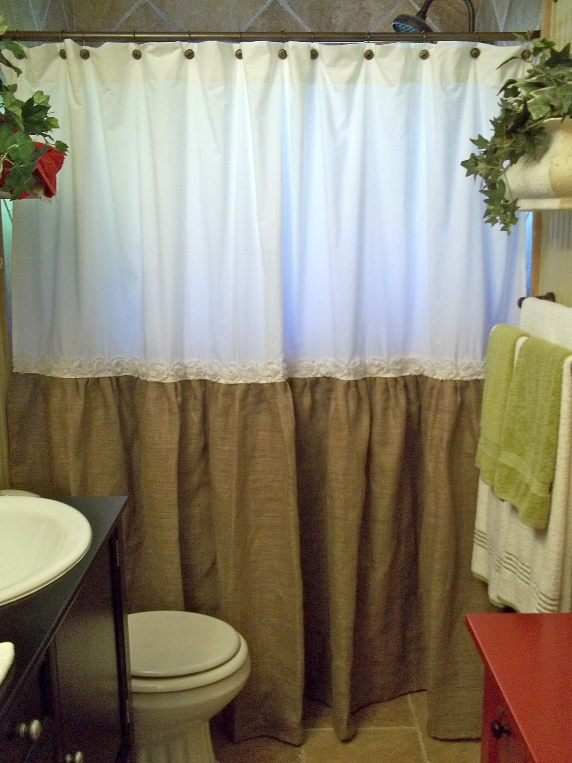 Shabby Floral Trim Burlap Shower Curtain Burlap & Cotton