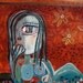 Girl Reclining in Red Orange Sunset. Print of Original Painting. Red Orange Blues-Ready to Ship in White Double Archival Mat.