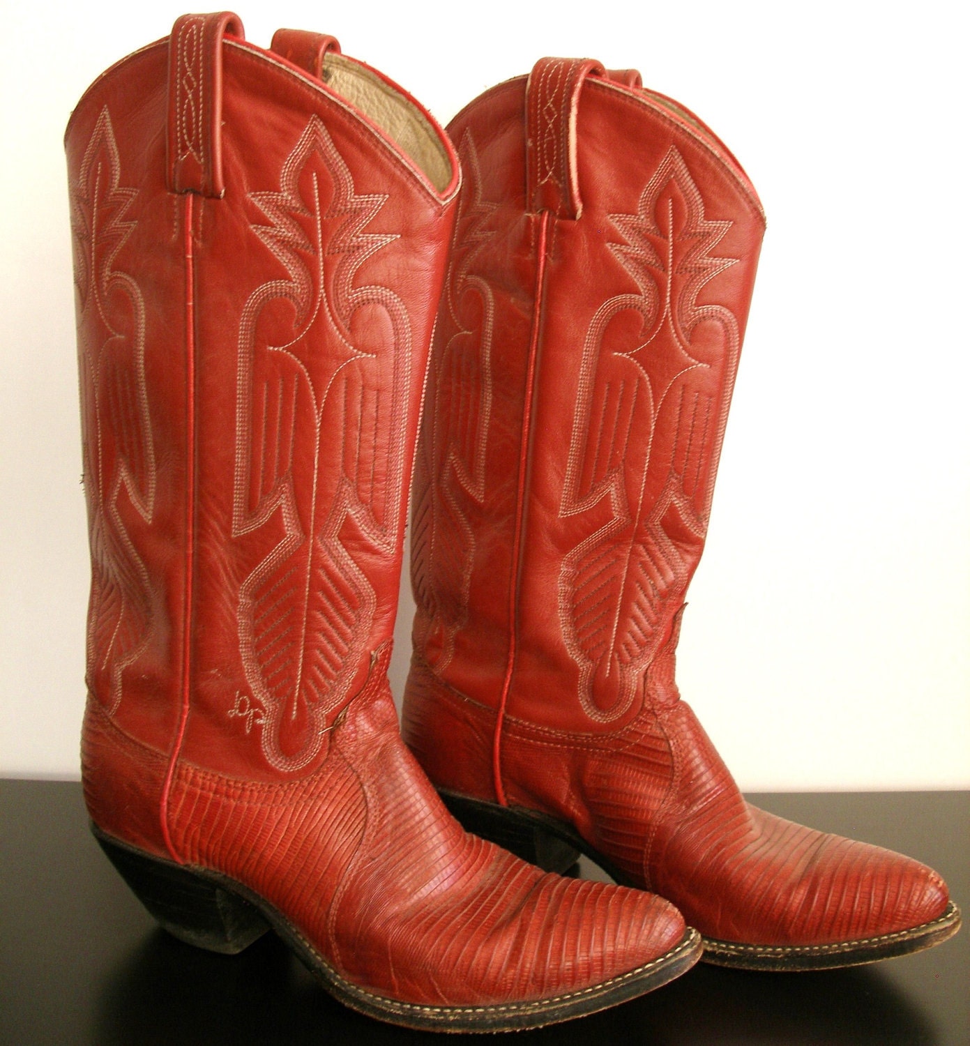Vintage Cowboy Boots Red Leather & Reptile Skin High Heel