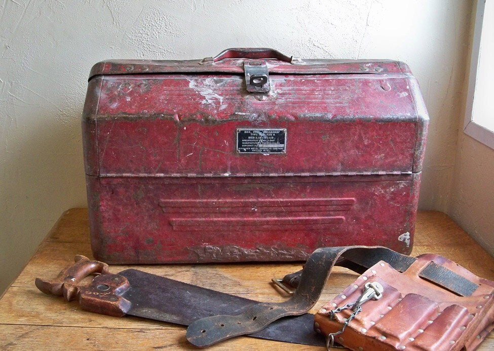 Huge Distressed Simonsen Red Metal Tool Box A