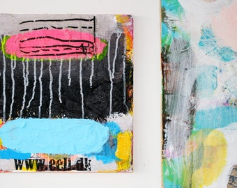 painting original blue abstract turquoise lake black decor pink white