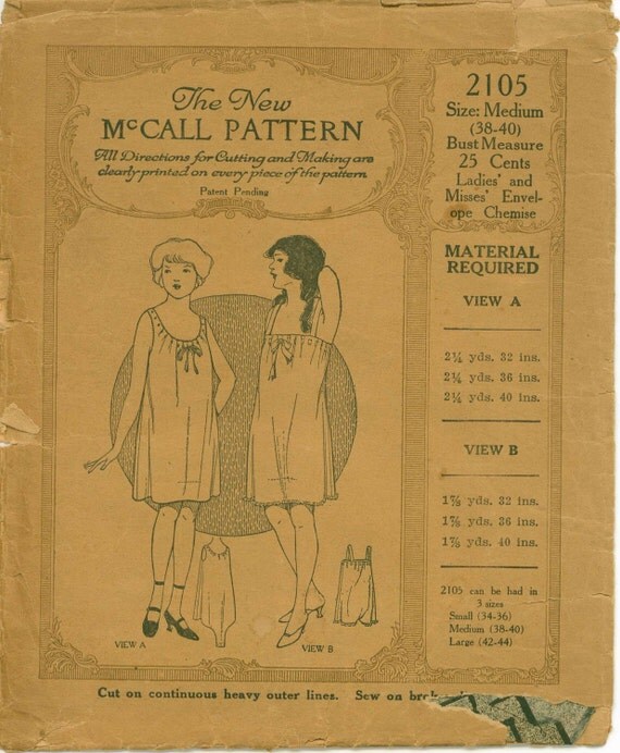1920s Envelope Chemise MCCALL 2105 COMPLETE Bust 38 to 40