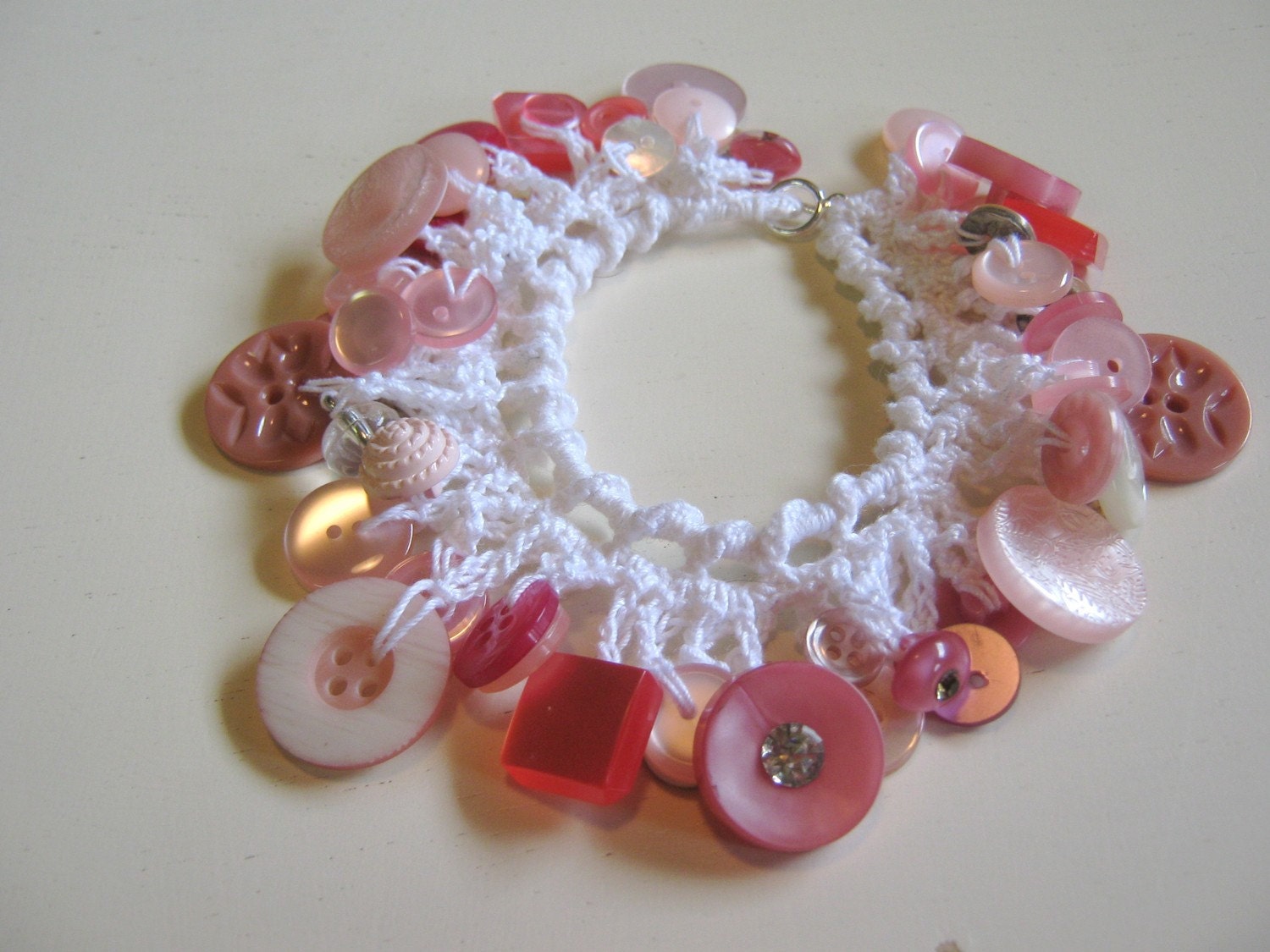 Bracelet of Dangling Vintage Buttons in Crochet Shades of