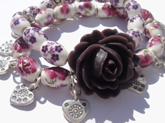 Beaded charm bracelet plum purple flower and hill by OOAKjewelz