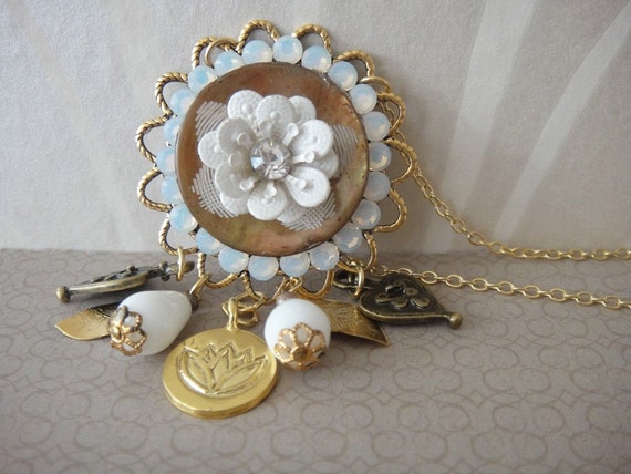 Gold cream and white swarovski lotus necklace by OOAKjewelz