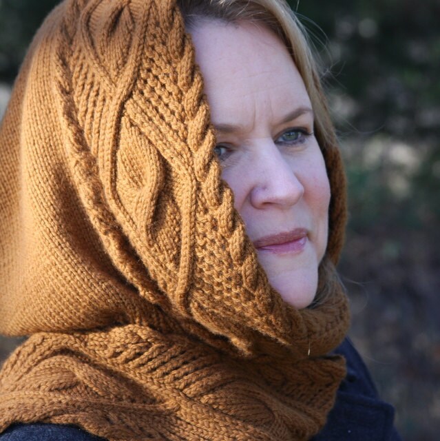 Lace & Cable Hooded Scarf Knit Pattern PDF