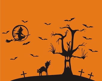 Halloween Scene vinyl decal, Halloween vinyl wall window removable decals stickers