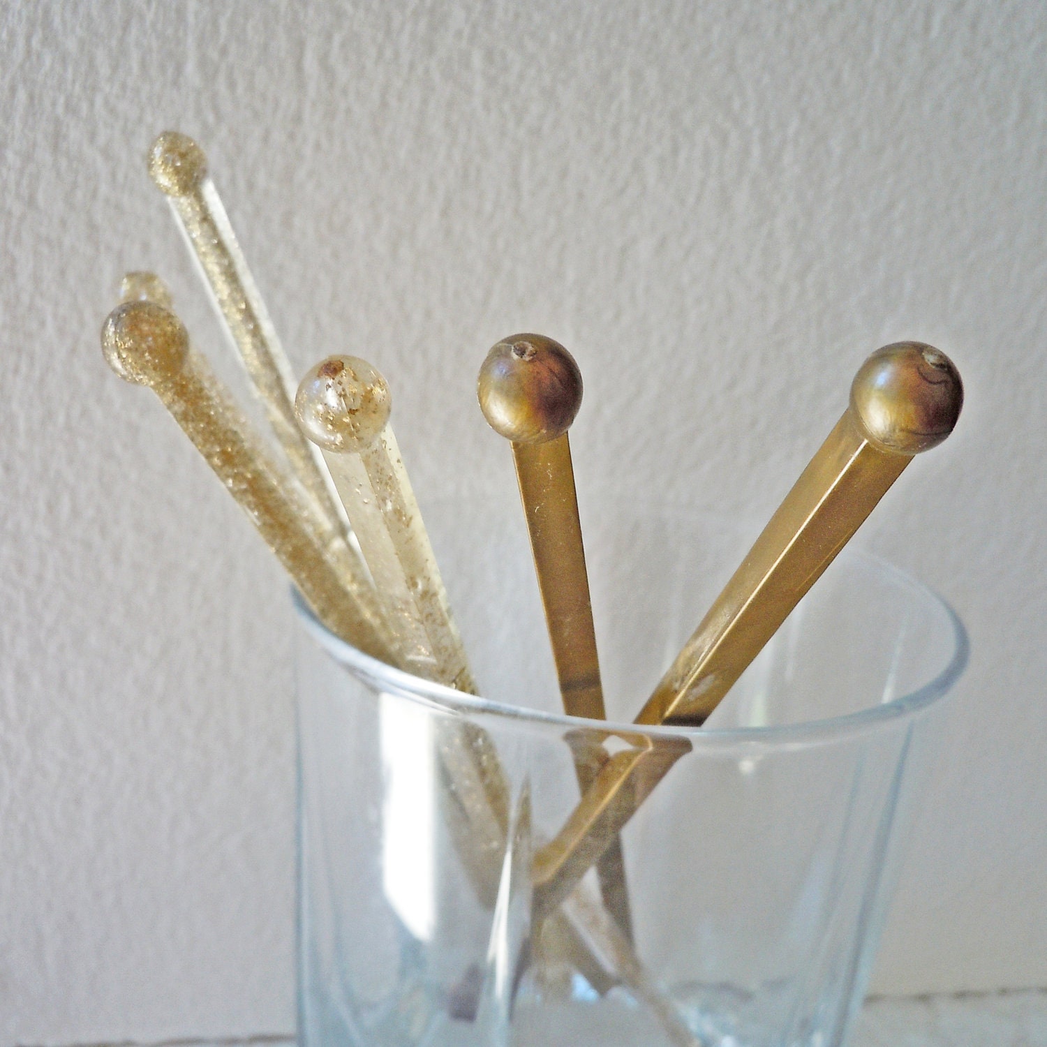 Vintage 1960s gold lucite glitter swizzle sticks