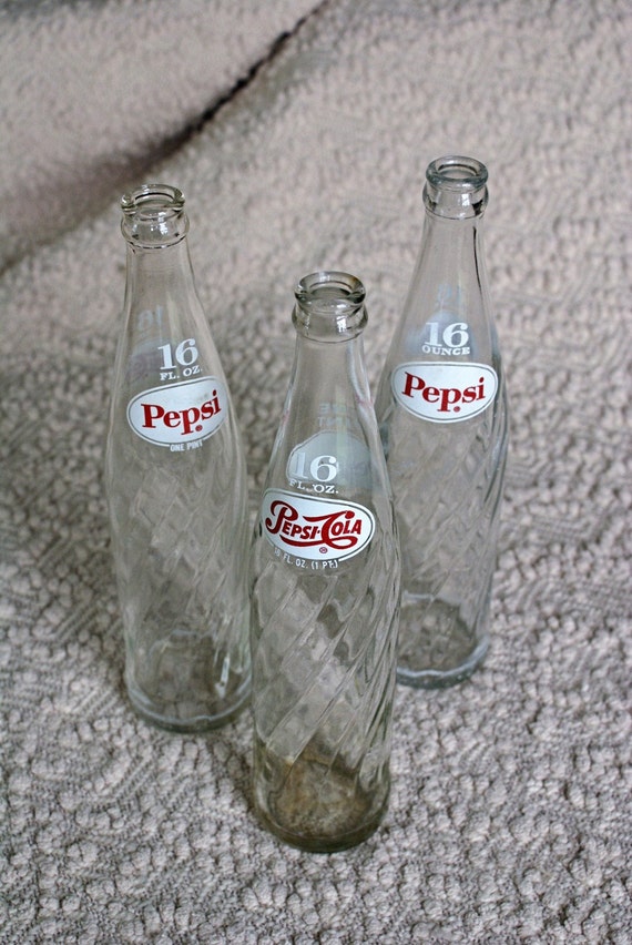 Glass PepsiCola Bottles set of three 16 oz