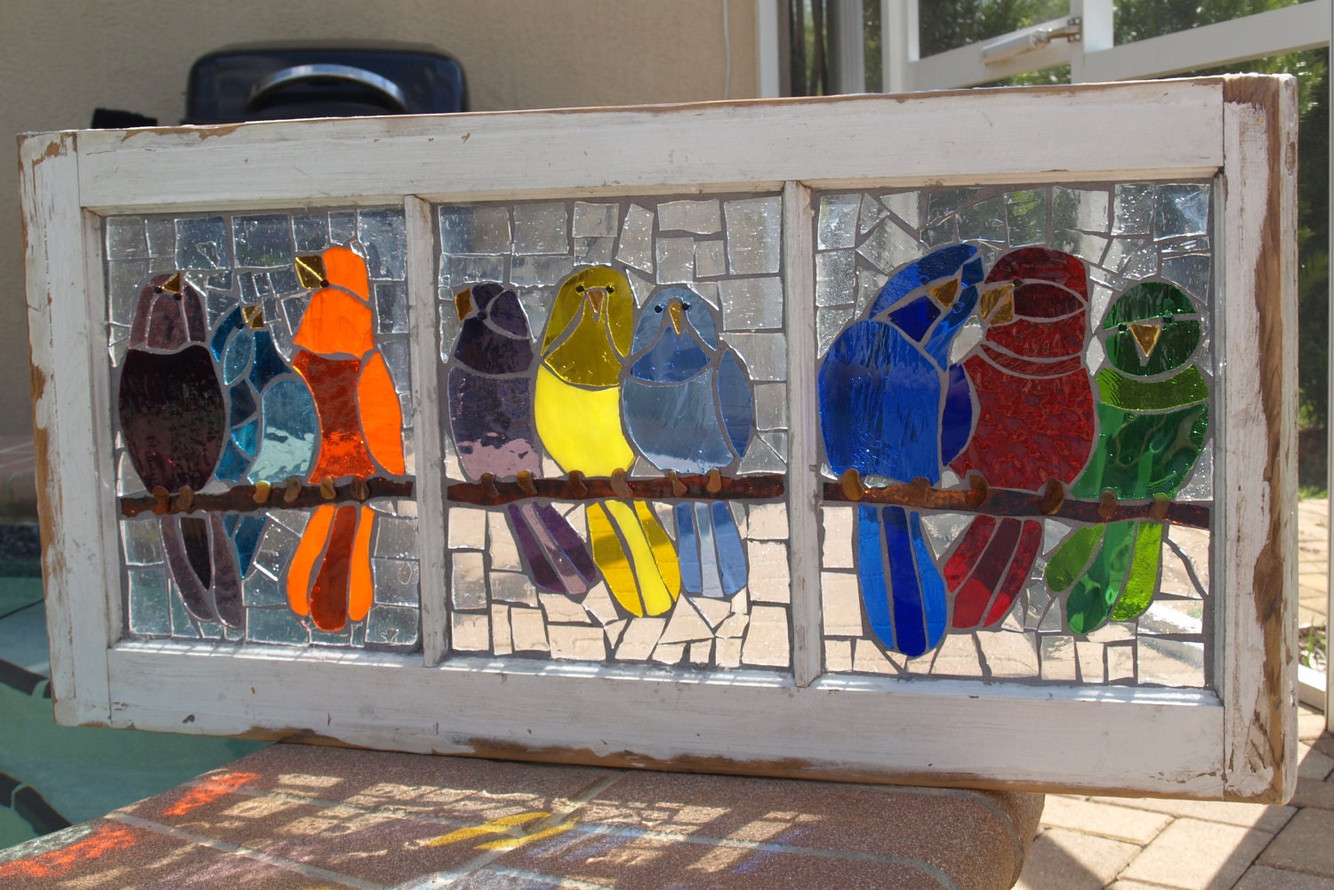 Repurpose Stained Glass Mosaic Vintage Wooden Window Birds