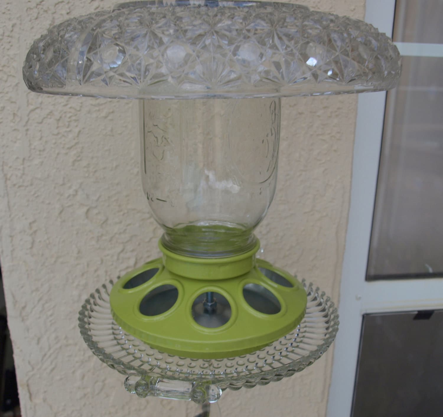 Mason Jar Bird Feeder Repurposed Chicken Feeder Glass Green
