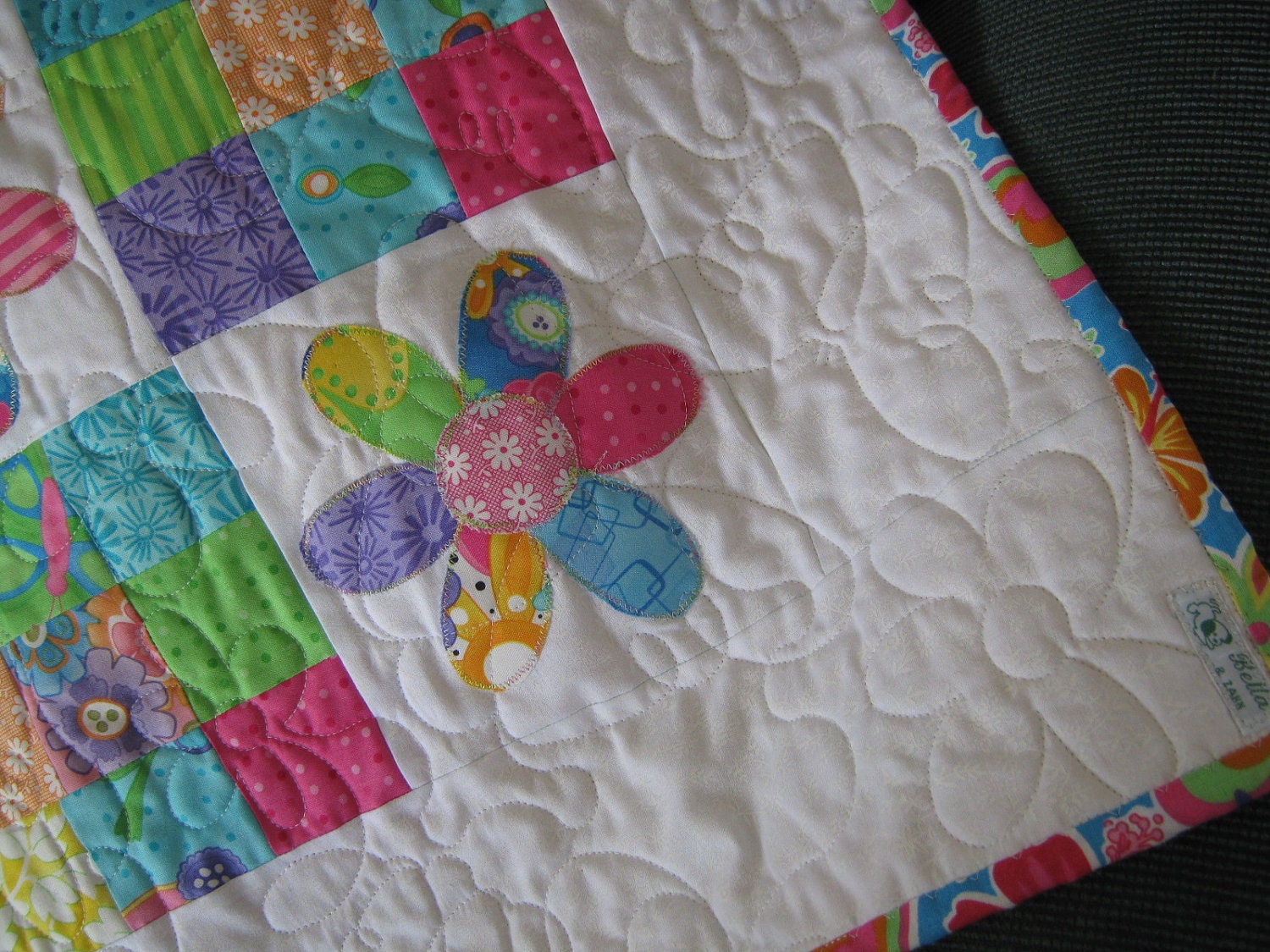Baby Girl Quilt Playmat or Throw with Happy Flowers