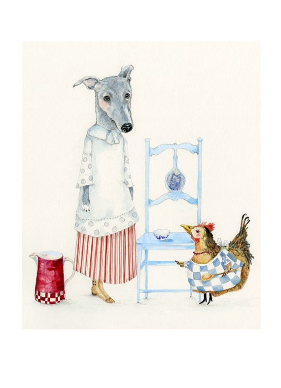 Print Dog Kitchen Maid and Chicken Cook illustration