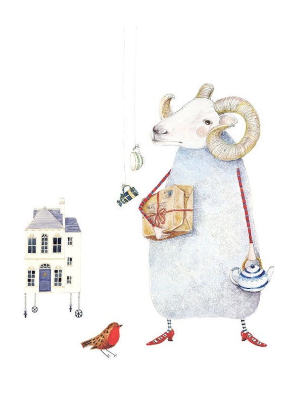 Art Giclee Print Ram, Robin and House illustration 8x11