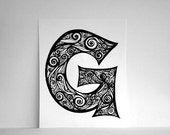 Items Similar To Personalized Letter G With Black Swirls Hand Drawn