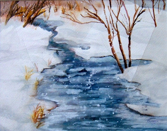 Items similar to Original Watercolor Painting Winter Landscape Art ...