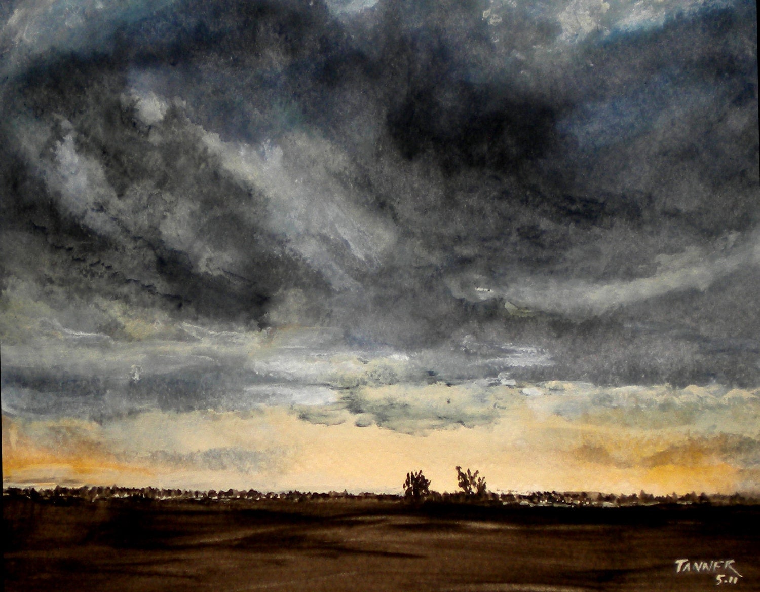 Storm Clouds Landscape Art Watercolor Print by WindingRoadGallery