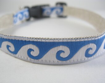 Hemp Dog Collar - Blue Ocean Waves - 3/4in