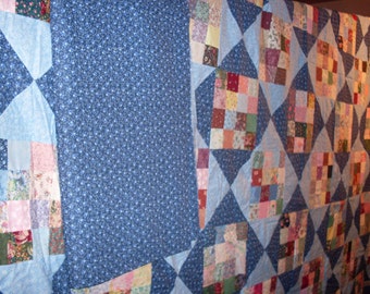 Free Shipping! Sixteen Patch Quilt Top and Backing 89x105 Blue