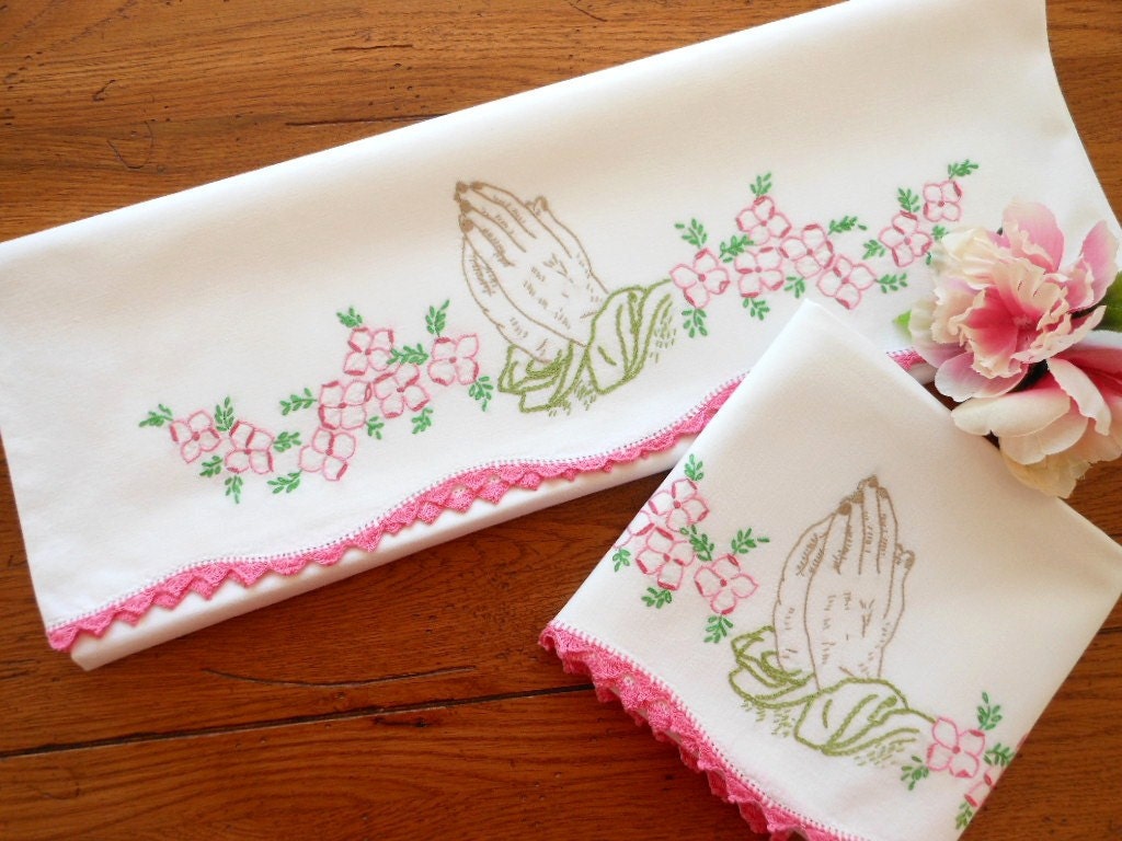 Vintage hand embroidered pillowcases praying hands