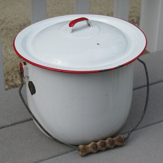 vintage red and white enamelware stock pot