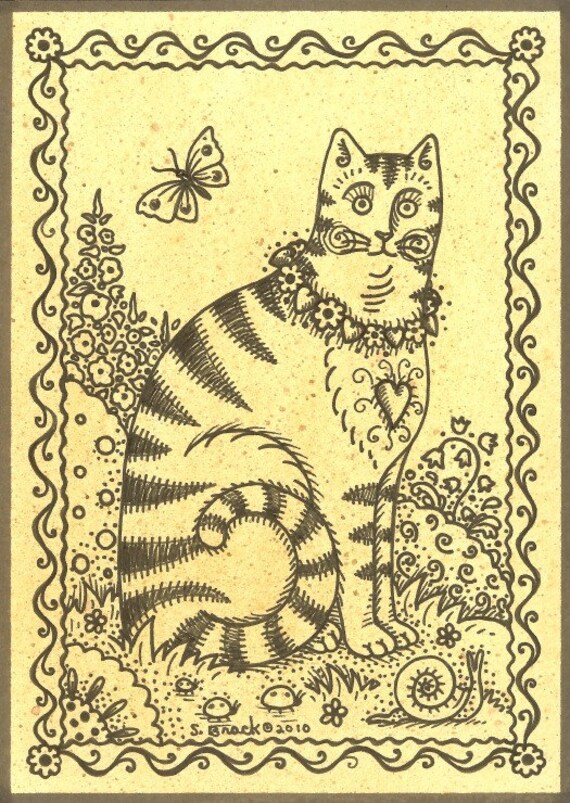 Primitive Country CAT pen and ink Art SFA Original by susanbrack