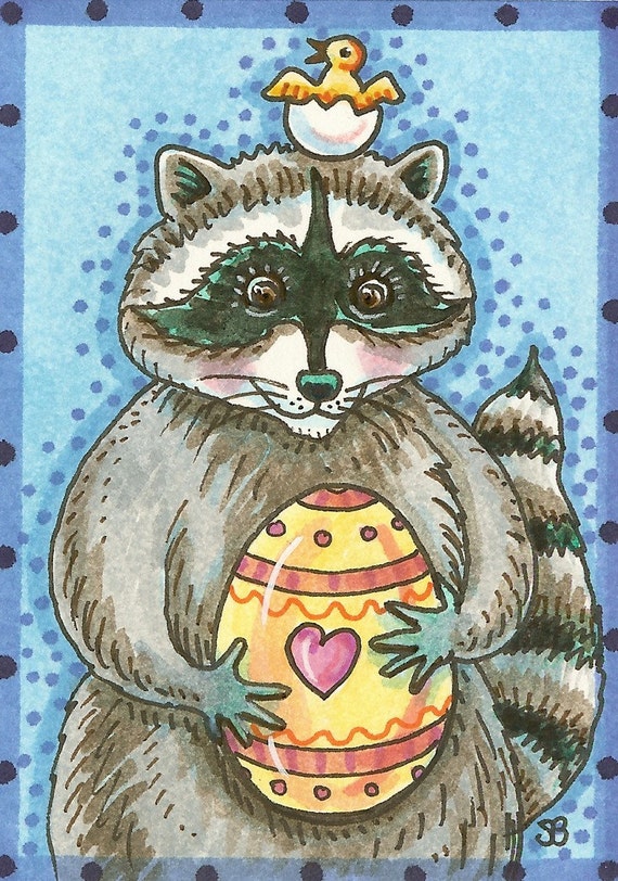 EASTER Egg RACCOON Art ACEO Original Trading Card Susan Brack