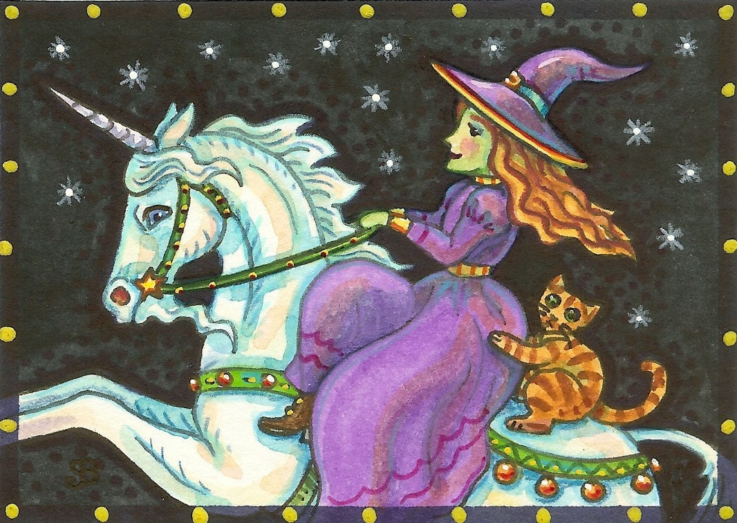 WITCH and CAT riding HALLOWEEN UNICORN EHAG Art ACEO Susan