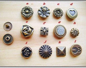 11sets-fancy Rivet buttons for bag purse making (antique brass color)-(11patterns for choose)