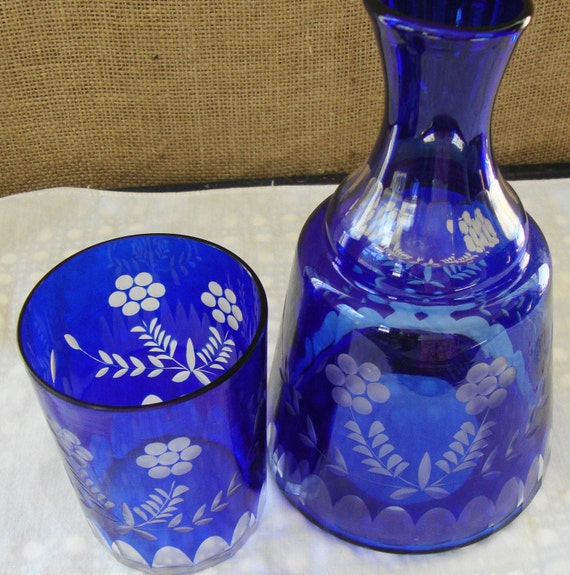 Vintage Cobalt BLUE Etched Glass Carafe Bedside Set With