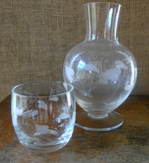 Vintage Etched Glass Bedside Carafe With Tumbler