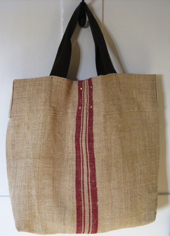 Beach Bag Red Stripe. Vintage Burlap Tote. Handmade with
