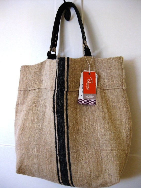 Black Stripe Burlap Tote Bag with Leather Handles. Large