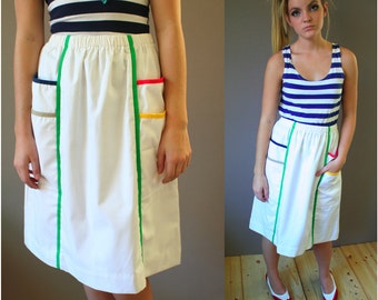 Vintage 80s White Skirt with Rainbow Trim
