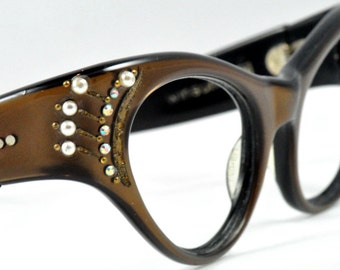Vintage Cat Eye Glasses with Pearls and Rhinestones, Chocolate Brown and Black