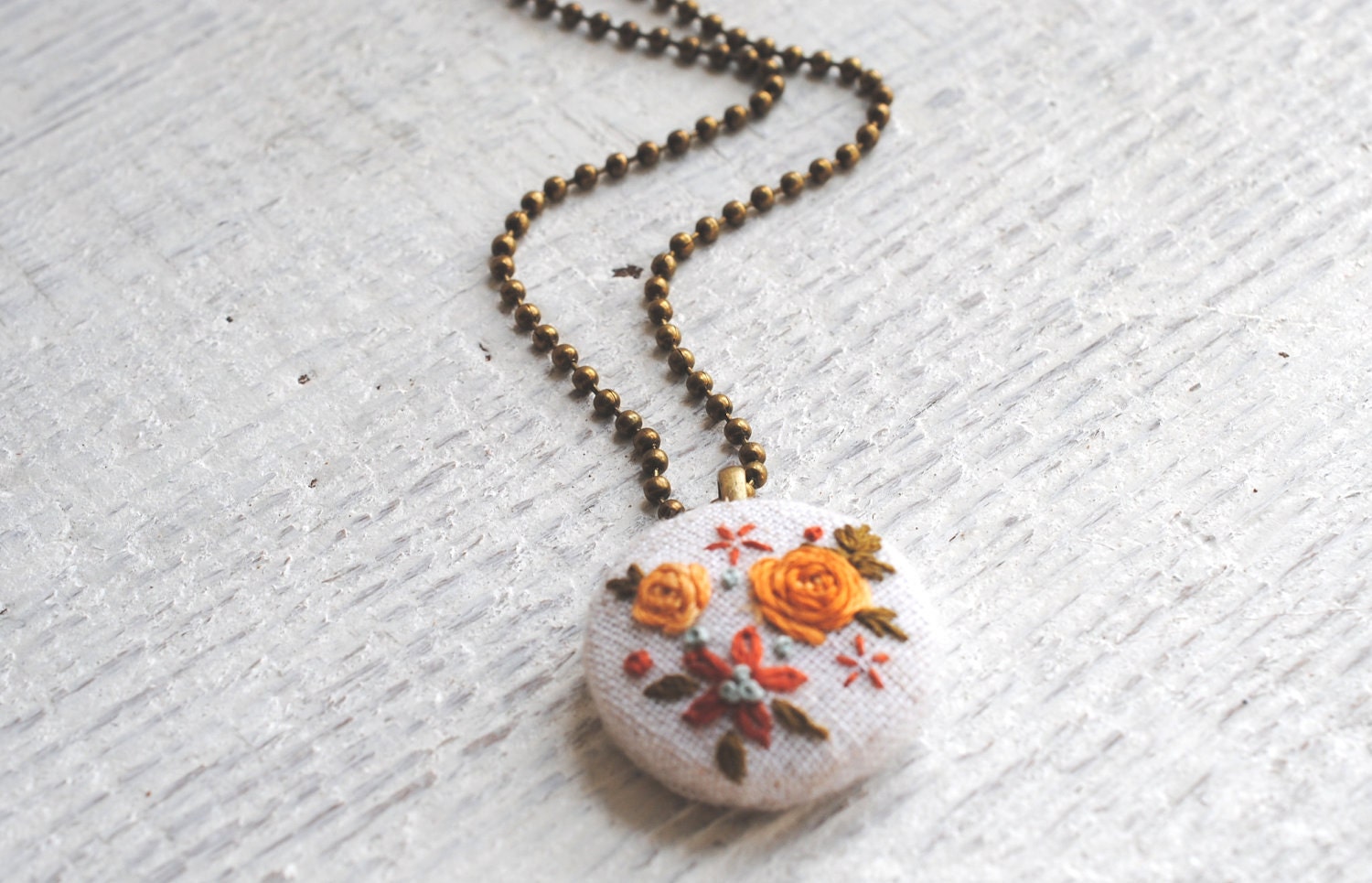 Linen Floral Necklace cottage chic hand embroidered recycled